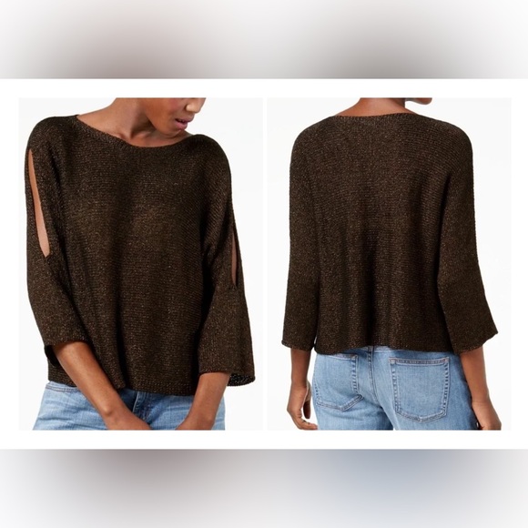 Eileen Fisher Size XS Brown Organic Linen Blend Bronze Open 3/4 Sleeve Sweater